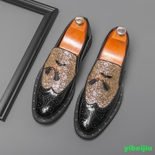 Men's Dress Shiny Leather Shoes Slip On Loafers Sequins Wedding Banquet Wing Tip