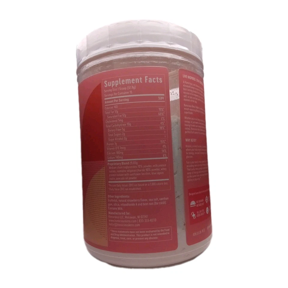 Batido Konscious Keto Fresa Cetogénico Pérdida de Peso MCT + Suero + Aguacate Foto 2 de 3