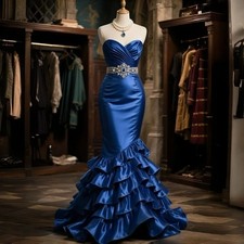 Mermaid Evening Dresses Ruffles Tiered Long Satin Prom Dress Crystals Beaded