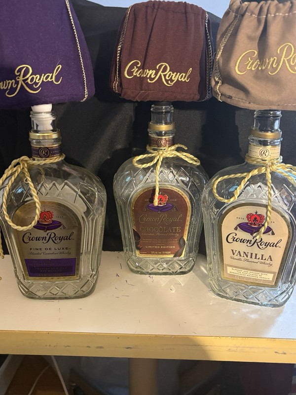 Crown Royal Bottle Table Lamp Set of 3 w/ Purple Brown Tan Shades Distillery