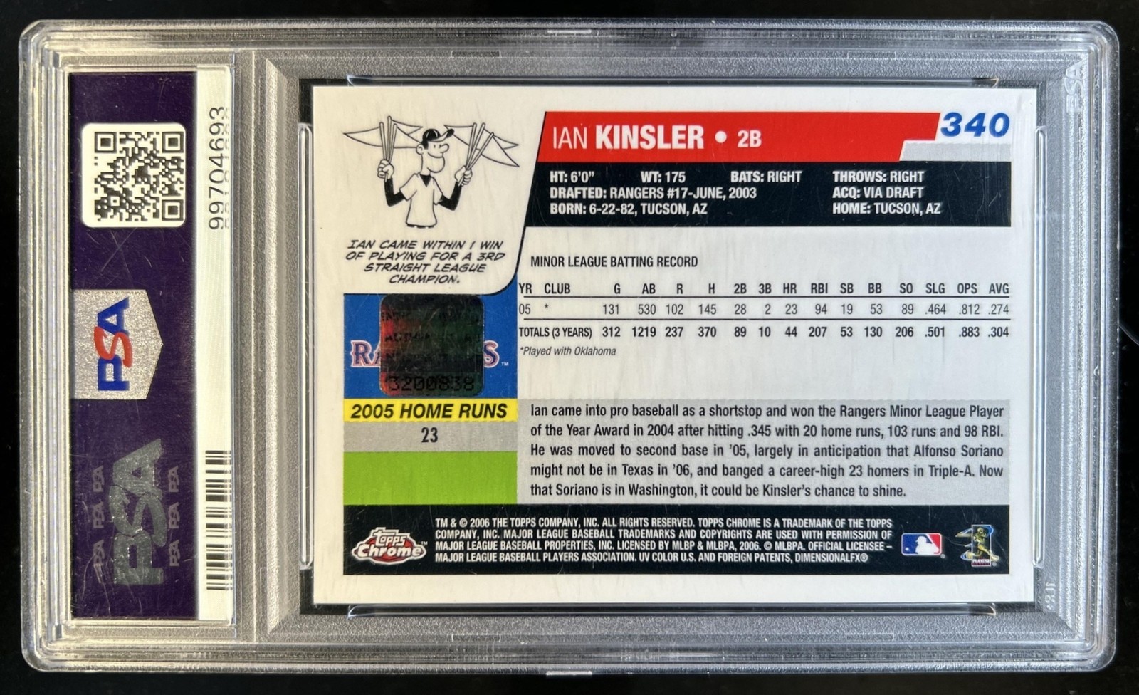 2006 Topps Chrome Ian Kinsler Rookie Auto Autograph RC #340 Rangers PSA 9 view 2