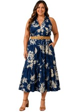 Donna Karan New York 18W Blue Floral Halter Midi Dress Belted Cotton
