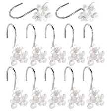 12 Pack White Floral Resin Shower Curtain Hooks, Decorative Rings, Bathroom, Set