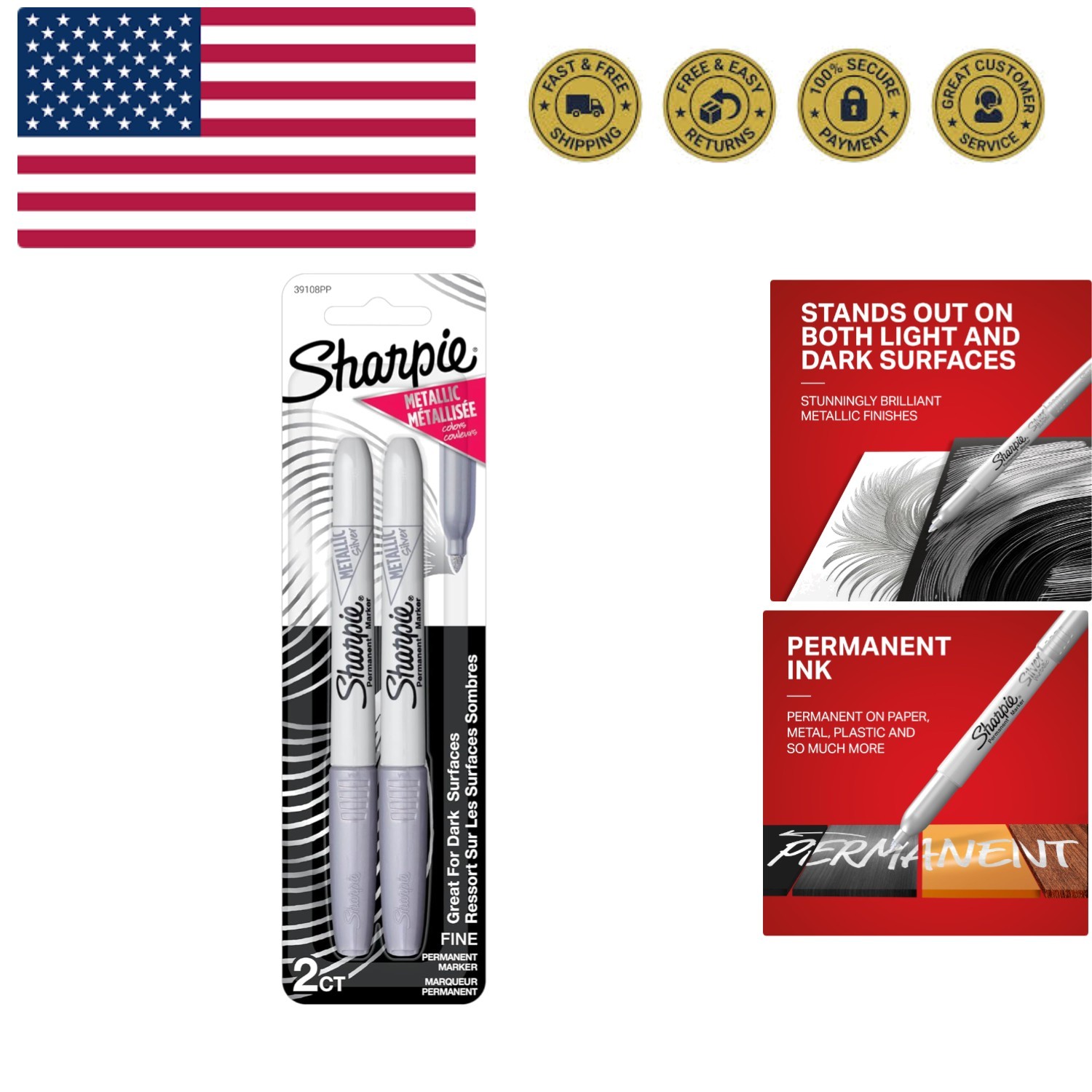 Metallic Permanent Markers, Fine Point, Silver, 2 Count - Fo
