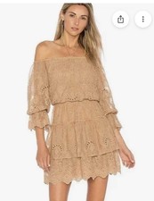 Alice + Olivia Waylon Cowgirl Festival Eyelet Mini Dress 4 Tan Tiered NWT $395