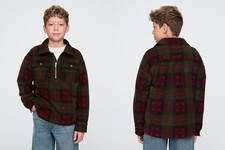 NWT Gap Kids 49.95 Cozy Half-Zip Shirt Jacket, Green Red Plaid, Sz XXL 14/16 