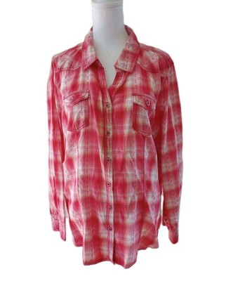 Bit & Bridle Button Up Shirt 2X Pink white Plaid Long Sleeve Western Rodeo Ranch