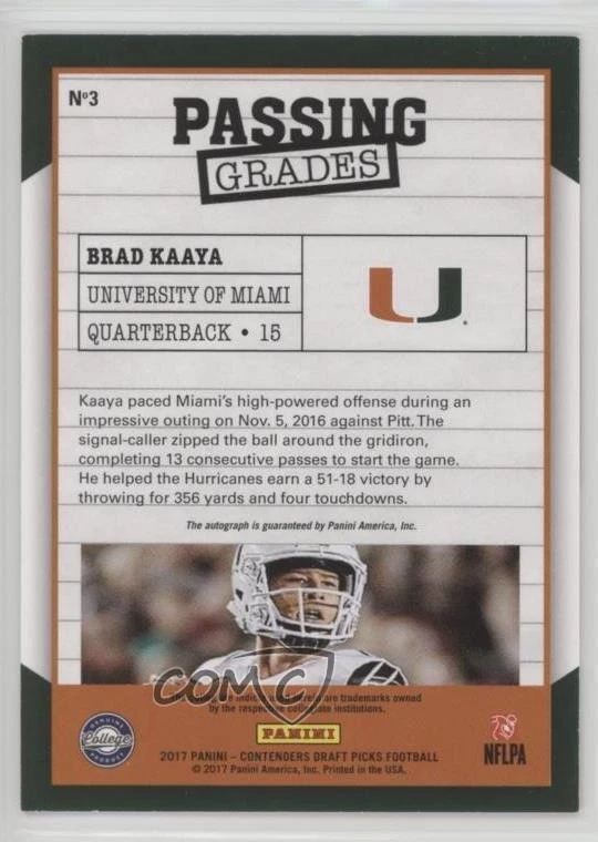 2017 Contenders Draft Picks Passing Grades Signatures Brad Kaaya Rookie Auto RC - Image 2 of 2
