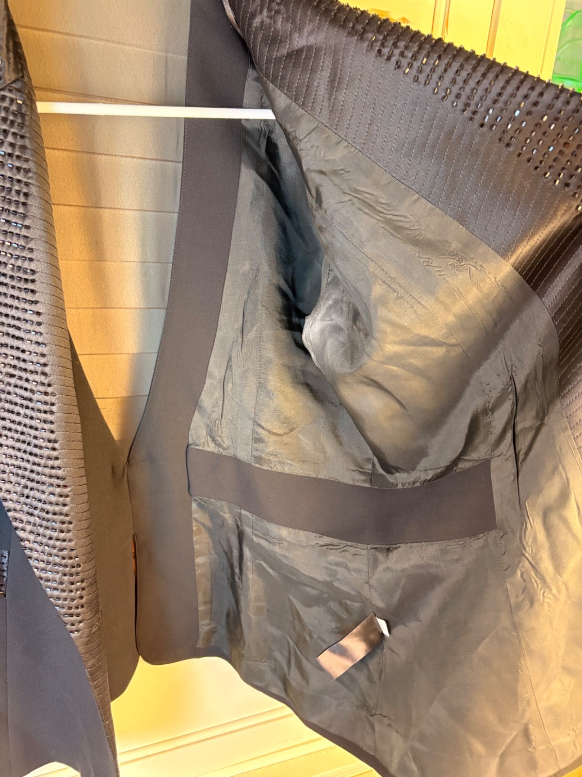 Sandra Darren women’s black sequin collar sheer V back blazer sz 12