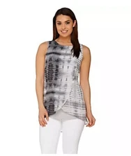 H by Halston Women's Sleeveless Knit Top Printed Chiffon Overlay TAUPE Size 1X