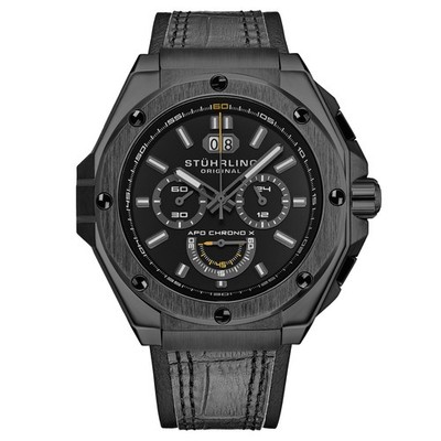 Stuhrling 1018 03 APO Chrono X Monaco Date Black Leather Strap Mens Watch