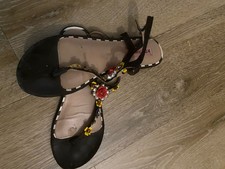 Betsey Johnson Black T-Strap Sandals with Floral and Pearl Embellishments