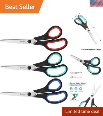3-Pack 8'' Heavy Duty Scissors with Ultra Sharp Blades - Comfort Grip, Red, Gr...
