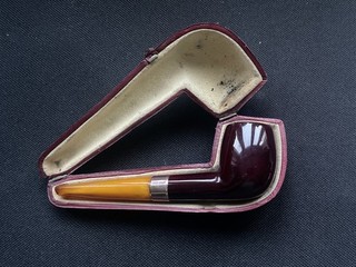 Antique Edwardian Tobacco Pipe 9ct Gold Mount Chester 1913 in Goudron Case