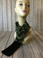 Velvet Pull-Through Scarf with Rex Rabbit Fur Rosette Flowers