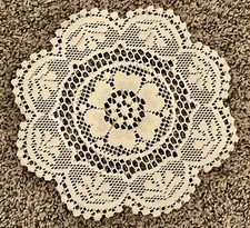 Vtg White Crochet Doily Hand Made Flower Shape 11" Round Brand New