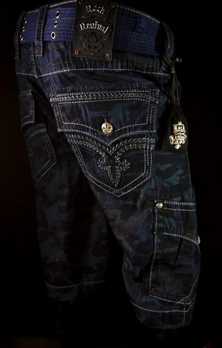 $220 Mens Rock Revival Jeans "Dark Blue Camo" Thick Leather Twill Shorts 38
