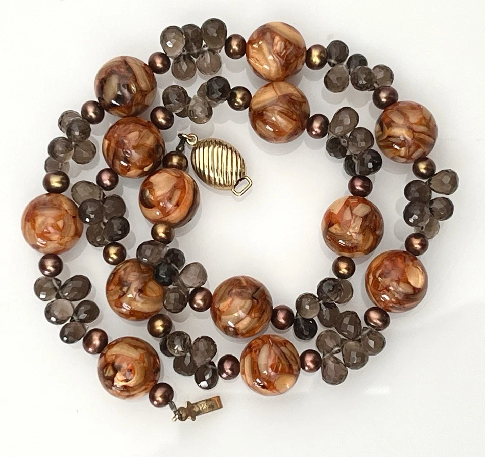 Jewelmak Designer 17.25 " 14k Gelbgold Halskette Perlen Rauchige Quarz Strand - Image 2 of 4