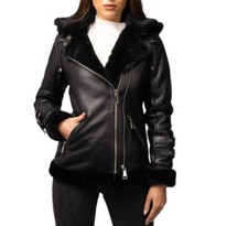 Women's B3 Bomber Black Sheepskin Jacket Shearling Fur Coat Real Leather Jacket