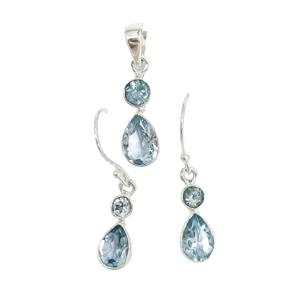 Set Di Orecchini Pendenti A Goccia In Argento Sterling Con Topazio Blu Per Sposa - Immagine 3 di 4