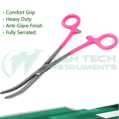 Pink PVC Vinyl Grip Handle Stainless Steel Hemostat Forceps Curved Serrated 8''