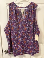St John’s Bay Y Neck Purple Ditsy Floral Sleeveless Blouse Women’s Size 2X JCP