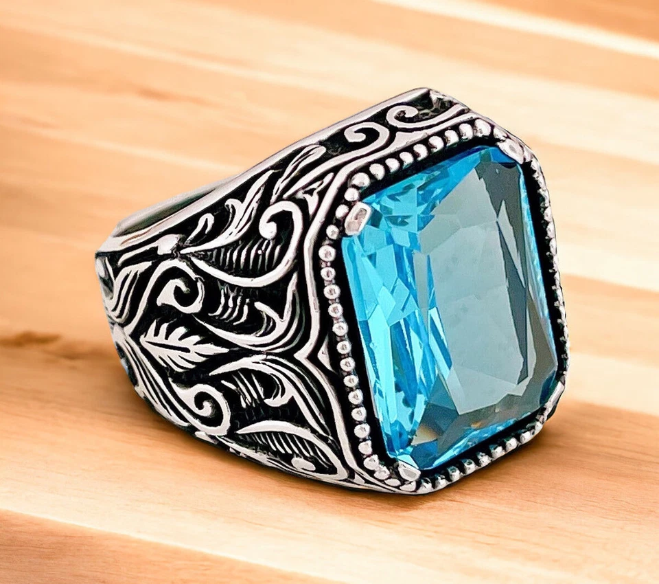 925 Argento Sterling Acqua Marine Zircone Floreale Lusso Design Uomo Anello #2 - Immagine 4 di 4