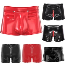 Mens Underpants Patent Leather Clubwear Zipper Button Hot Pants Stretchy Tights