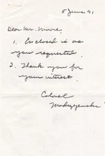Robert J. Modrzewski- Signed Handwritten Note (Vietnam War MOH Recipient)