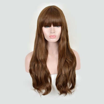 Brown Girl S Blunt Bangs Wigs Women S Heat Resistant Long Natural