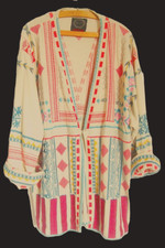 Johnny Was Biya Embroidered Southwestern Duster,jacket 18 Uk Cream , Ties Front