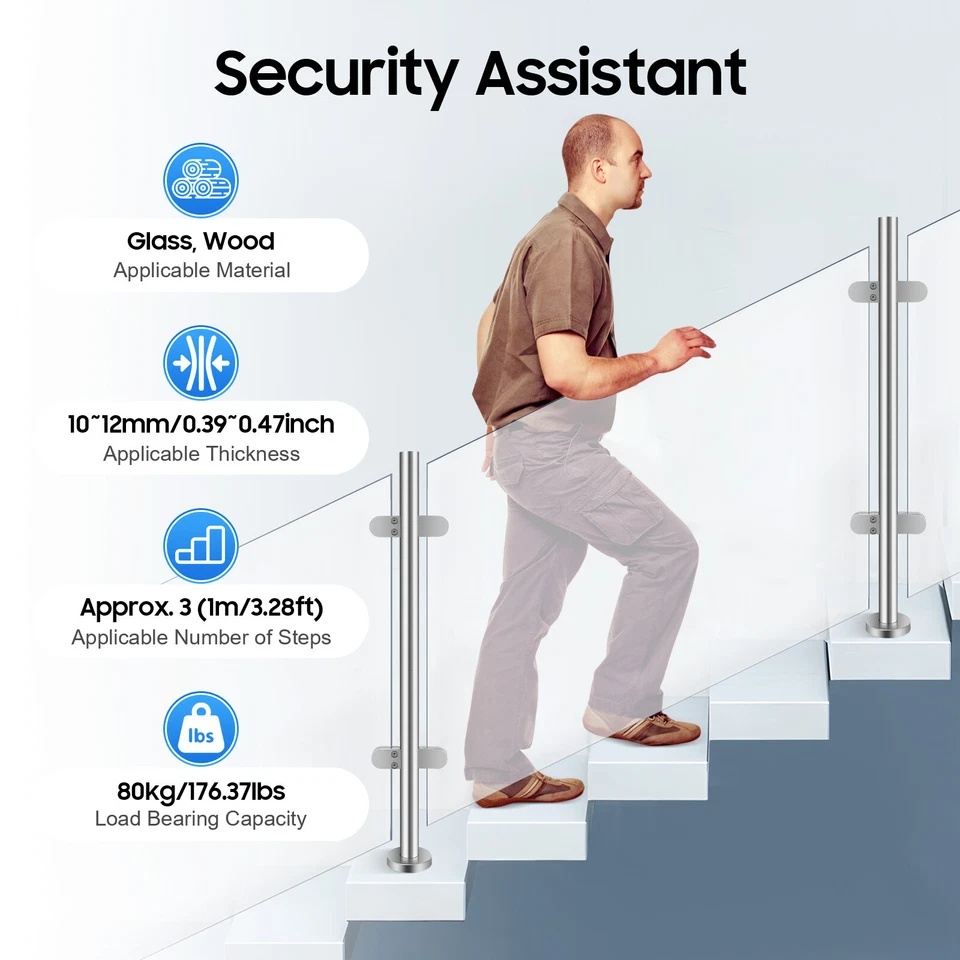 Barandilla de vidrio de acero inoxidable de 90 cm poste central para villas, balcón, escalera Foto 2 de 4