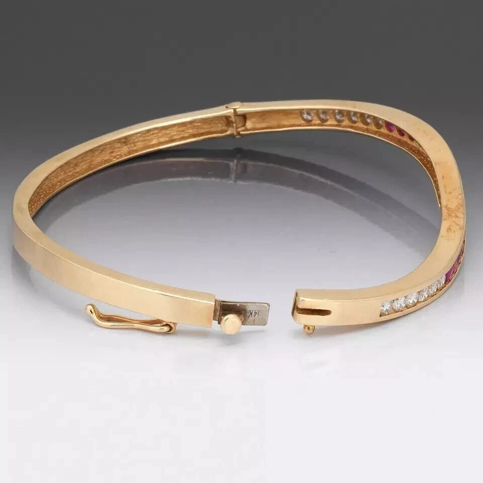 14K Yell Gold Plated Rd Cut Lab Created Ruby Diamond Womens Bangle Bracelet 7.5" - Image 4 of 4
