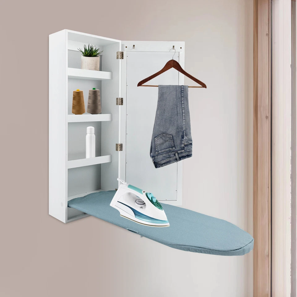 Clothes Ironing Board Cabinet Foldable Storage Shelf Wall Mounted With Mirror - Image 3 of 4