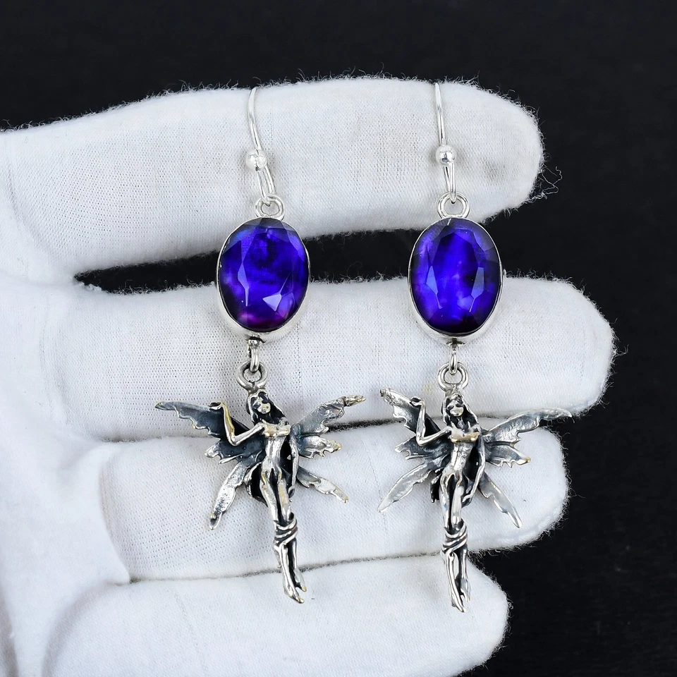 Zaffiro Blu Orecchini Creato IN Laboratorio Gemma 925 Argento Gioielli Per Amore - Immagine 2 di 4