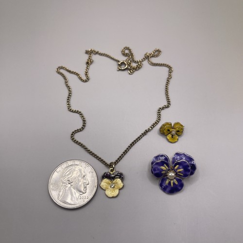 Vintage Lot Pansy Viola Flower Brooch Necklace Pendant Enamel Faux Pearl Center - Picture 2 of 13