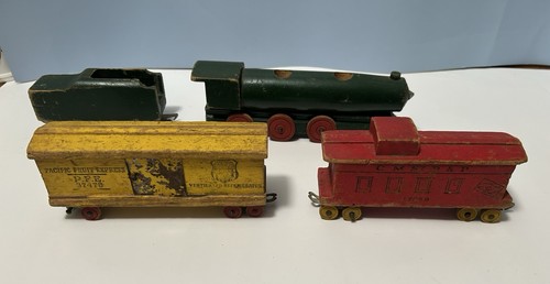 Antique Strombecker Wooden Train and Car Set of Four - AS IS