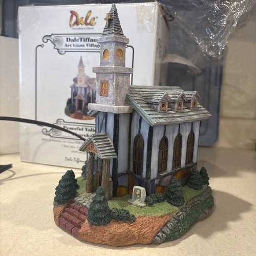 Dale Tiffany Peaceful Valley Lighted Church Stained Glass Art Glass Village