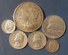 LOT 6 US SILVER COINS 1921 S MORGAN SILVER DOLLAR 1922 D HALF $ 2 QUARTERS ETC