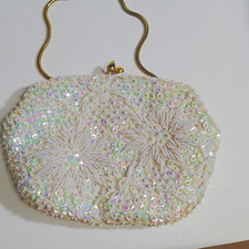 White Iridescent Beaded Sequin Evening Bag Purse with Chain Strap