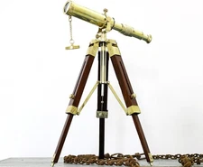 Antique Tripod Telescope Desktop Decorative Shiny Brass Wooden Stand Home Decor 