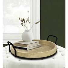 17-inch Round Light Wood and Metal Tray Serving Tray Functional Tray Serveware