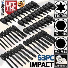 IMPACT Hex Torx Spline Bit Sockets 3/8" Drive Long & Short Allen Star HX TX 53pc