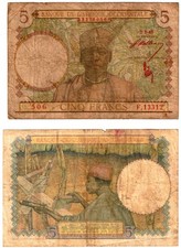 1943 French West Africa 5 Francs P26 circulated  SALE 2-03-1943 Red Serial