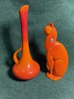 Royal Haeger MCM Pottery Orange Winking Cat Statue + Vase Green Eye Figurine