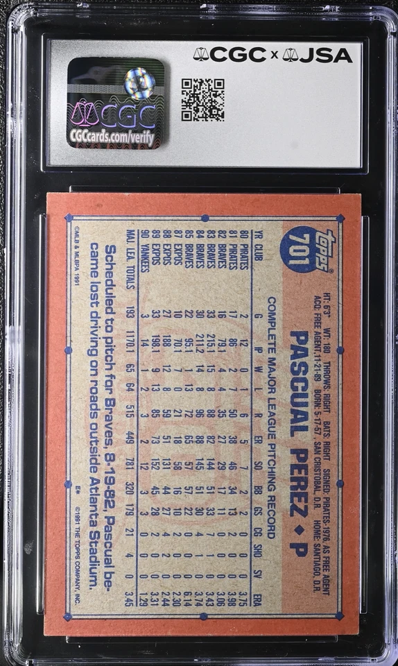 1991 Topps Pascual Perez 701 JSA CGC Autographed Signed GEM MINT 10 Auto Yankees - Image 2 of 2