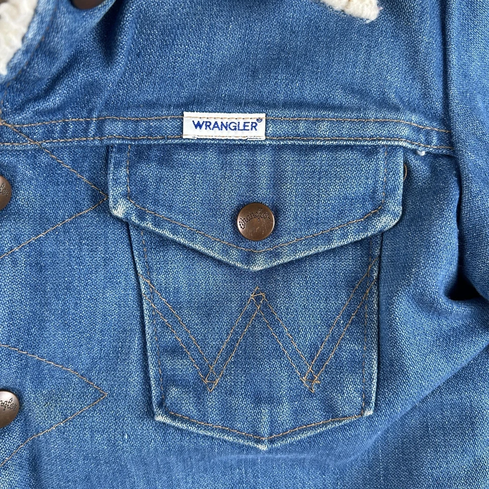 Vintage Wrangler Jacket Youth Large 10/12 Blue Sherpa Lined Denim Coat 70s - Image 4 of 4
