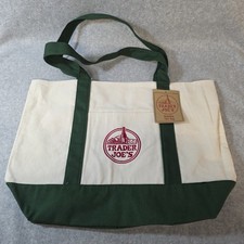 Trader Joe's Large Canvas Tote Reusable Bag 20x14x6" Green/White  NEW 