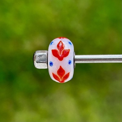 Authentic trollbeads ooak unique glass bead orange leaf white base