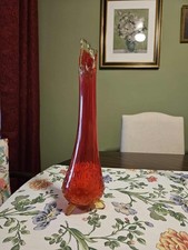 Vintage MCM L. E. Smith Art Glass Pulled Swung Vase 3 Footed Amberina RED 15"  